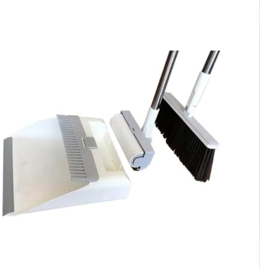 3-in-1 Broom, Dustpan, and Lint Roller Set - Adjustable Angle Broom with Self-Cleaning Dustpan and Extendable Handle Lint Roller for Pet Hair, Dust, and Dirt - Compact & Space-Saving Cleaning Kit