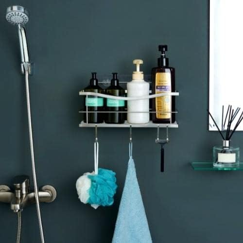 Displays By Jack Shower Caddy Organizer Apartment Essentials, Home Bathroom with Hooks for Hanging Razor and Soap, Shampoo Conditioner Holder, Adhesive Mounted No Drilling Bathroom Rack, Rustproof