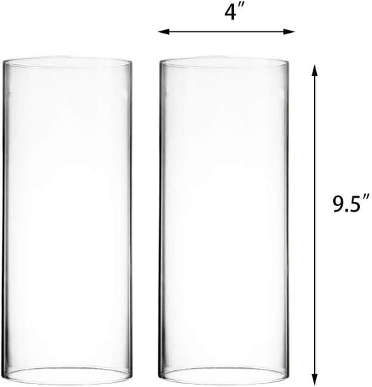 CYS EXCEL 2 PCS (H:9.5" D:4") Open Ended Glass Hurricane Candleholder Tube Shade | Multiple Size Choices Open Flame Candle Chimney Tube Cover | Bottomless Cylinder