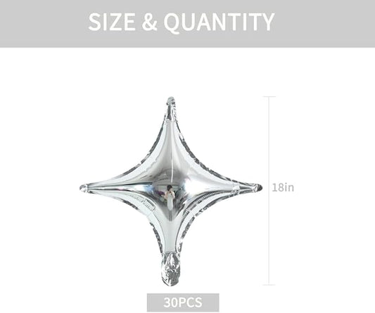 18inch Star Shape Foil Mylar Balloon,30 pcs Silver Four Angle Star Balloons for Birthday Party,Wedding,Valentine's Day, engagement party,Christmas,Baby Shower Backdrops Decorations