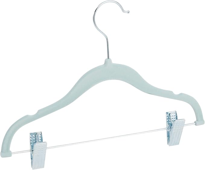 Juvale 24-Pack Light Blue Velvet Hangers for Baby & Kids Clothes with Clips – 360° Swivel Hook, Anti-Slip Space-Saving Design for Pants, Tank Tops, Skirts (12×8 in Baby Hanger)
