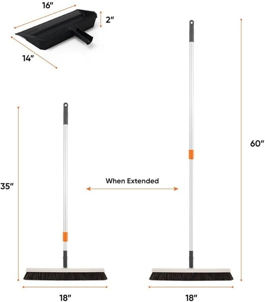 Superio 18" Horse Hair Upright Broom with Telescopic Handle & 16" Black Dustpan with Comb, Rubber Lip & Clip – Narrow Thin Dust Broom for Dog Hair – Hardwood & Tile Floor Cleaning Set – Gray/Black