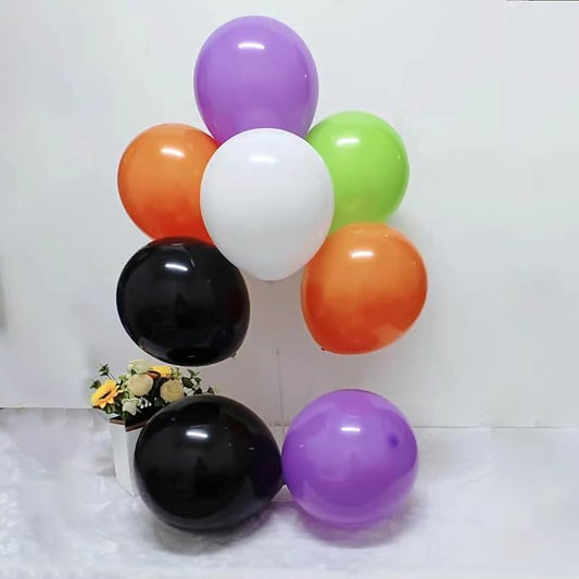Halloween Balloons w/Ribbon 100 Pack 12 Inch Black Orange White Purple Green Balloons for Halloween Party Decorations