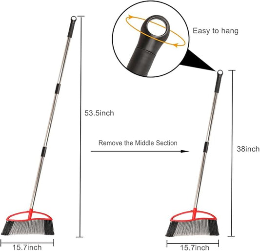 Outdoor Heavy Duty Broom, 15.7" All-Terrain Sweeper Featuring a Wide Angle Broom Design, Long Handle & Powerful Stiff Bristles for Patio, Garden, Garage, Yard (Red)