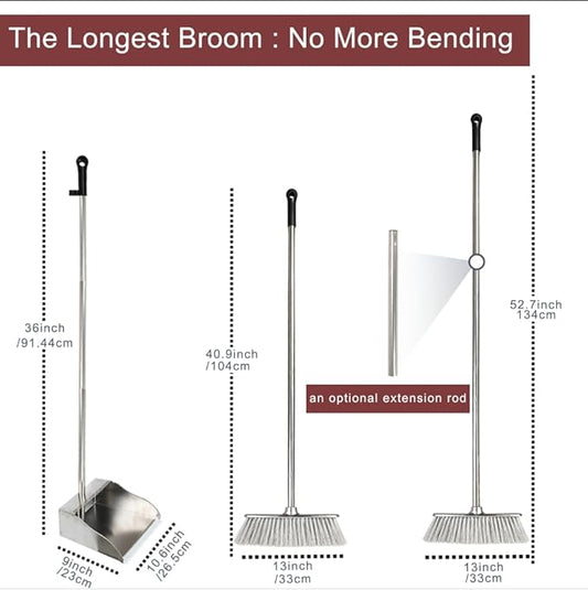 Metal Dustpan with Broom Set, Long Handle Stainless Steel Dustpan,Heavy Duty Standing Dust Pan with Teeth, Indoor Outdoor Up for Home Kitchen Lobby Room Office