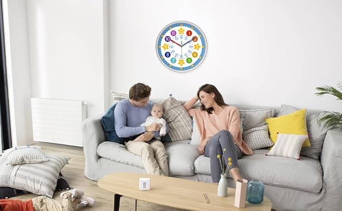 XFM Colorful Kid Wall Clock 12 Inch Silent Non Ticking Quartz Battery Operated Decorative Time Teaching Clock for Children Bedroom Nursery Room Classroom