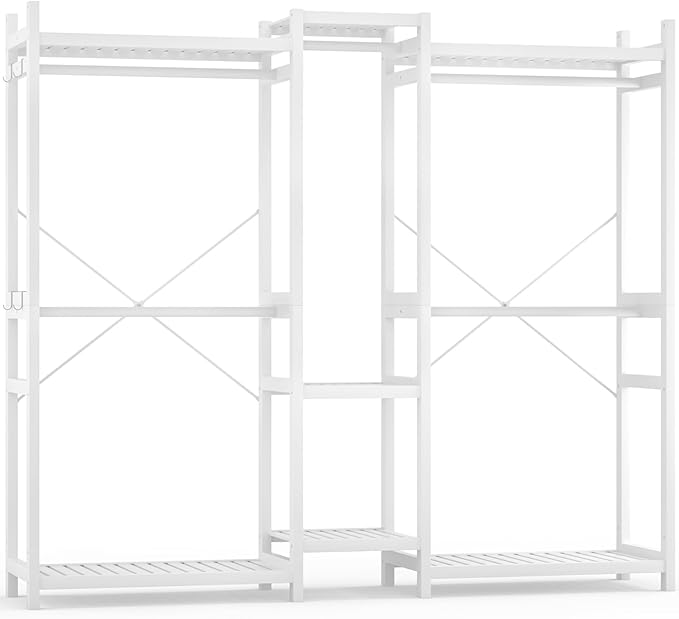Homykic Bamboo Closet System, Large Clothing Rack for Hanging Clothes, Freestanding Clothes Rack with 7 Shelves & 5 Hanging Rods, Open Wardrobe Closet Organizer Garment Rack with 4 Hooks, Pure White