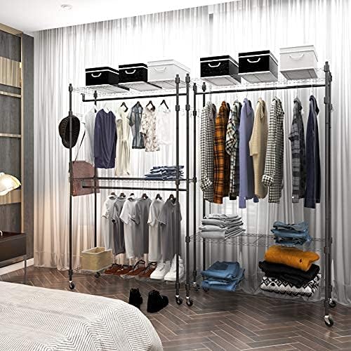 Rolling Garment Rack with Adjustable Wire Shelf, 3 Tired Clothes Rack including 1 Clothes Hanging Bar, 1 Roating Hanger Hooks - Hold Up to 400Lbs (Black, 1Rod 1Hook)