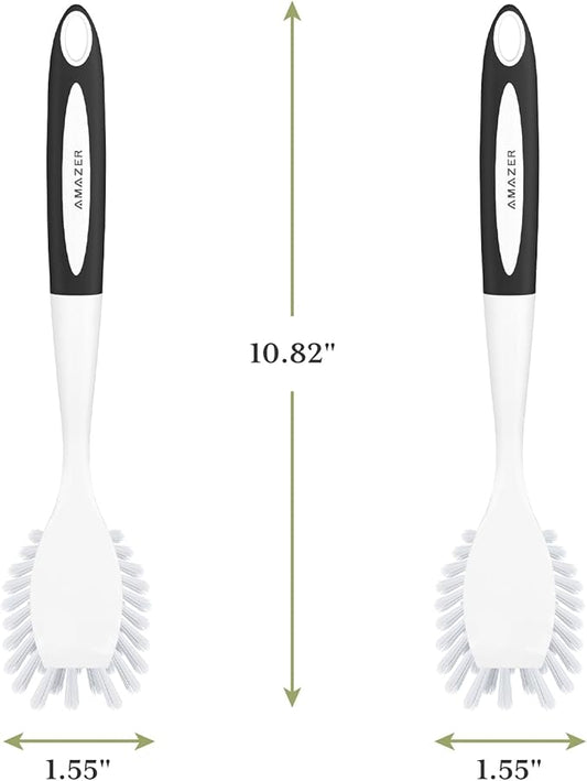 Amazer Dish Brush with Handle, 2 Pack Kitchen Scrub Brushes for Cleaning, Dish Scrubber with Stiff Bristles for Sink, Pots, Pans