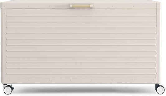 MIRADOR 134 Gallon Outdoor Storage Box Waterproof, Metal Deck Box with wheels for Patio Furniture, Garden Tools, Outdoor Cushion, Latte