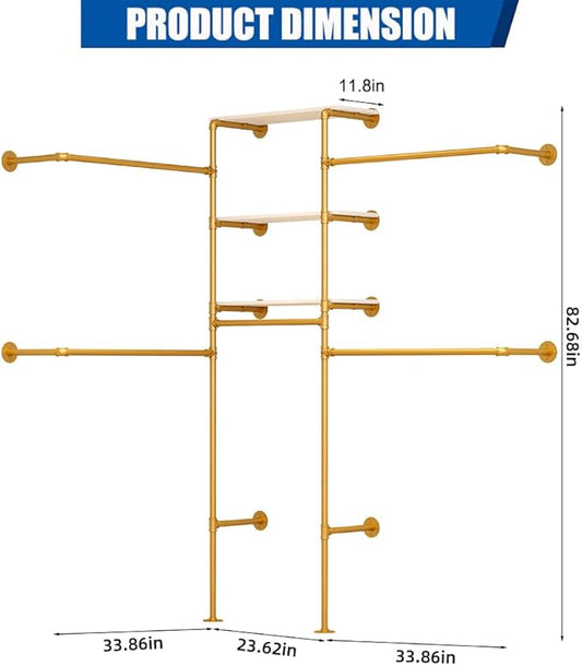 Heavy Duty Gold Pipe Clothing Rack - Wall Mounted Industrial Clothes Rack, DIY Corner Closet System with Shelves, Adjustable Walk-in Closet Organizer (GOLD, 94.5")