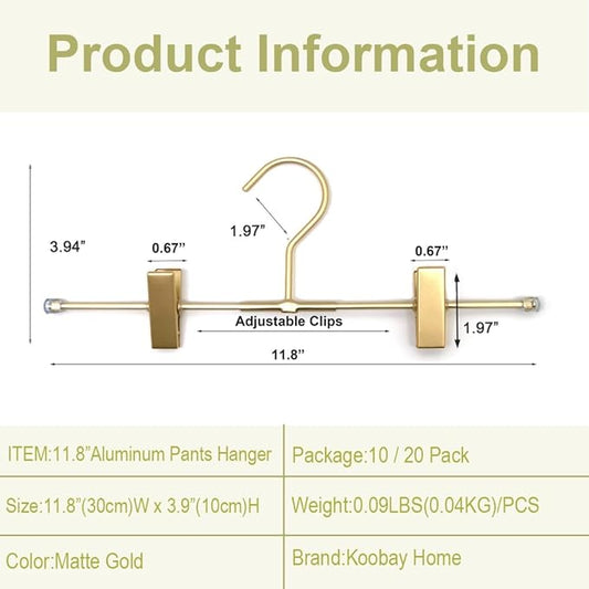 Pants Hangers Gold Aluminum Skirt Hanger 2-Adjustable Clips Heavy Duty Clothes Hangers Space Saving Durable Hanger 11.8" Closet Organizer for Pant,Pack of 10