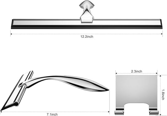 peafowl 12 inch Shower Squeegee Stainless Steel Bath Squeegee for Shower Glass Doors Bathroom Windows Kitchen Mirror and Car Glass with Hooks Holder (12 inch, Silver)