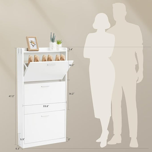 Shoe Cabinet Organizer with 3 Flip Drawers,Freestanding Shoe Rack Cabinet,Narrow Shoe Cabinet Storage for entryway,Foyer, Hallway, White, 23.6" W × 6.3" D × 47.2" H