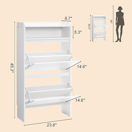 Shoe Cabinet Organizer with 2 Flip Drawers,Freestanding Shoe Rack Cabinet,Narrow Shoe Cabinet Storage for entryway, Foyer, Hallway, White, 23.6" W
