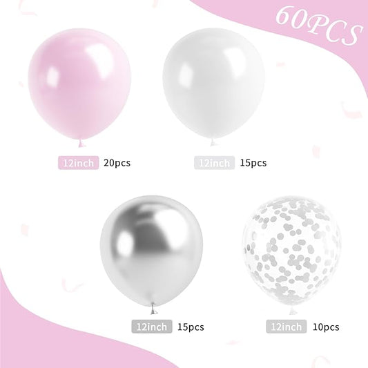 Pink and Silver Balloon, 60 Pcs 12 Inches Pastel Pink White Confetti Balloons for Girls Kids Birthday Wedding Baby Shower Graduation