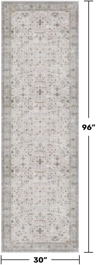 Light Gray Washable 2'6"x8' Wide Runner Rugs for Kitchen, Bathroom, Hallway, Non-Slip & Stain Resistant Long Floor Rug, Neutral Boho Floral Décor