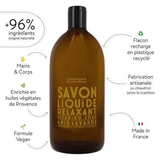 Compagnie de Provence Savon de Marseille Apothicare Liquid Soap, Anise Lavender, 33.8 fl oz Plastic Bottle Refill
