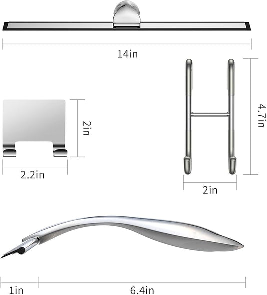 Shower Squeegee Set, 14-Inch Stainless Steel Squeegee, All-Purpose Squeegee for Bathroom, Shower Doors, Mirrors, Tiles, and Car Windows - 100% Streak Free, Includes Shower Door Hook and Adhesive Hook
