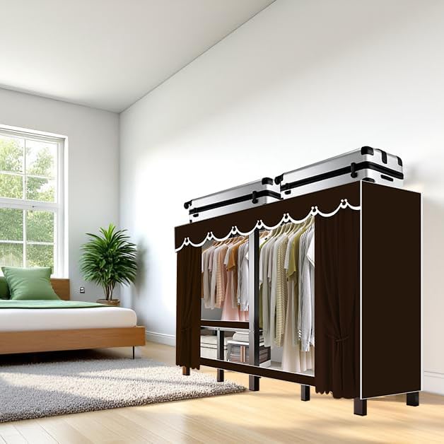 Foldable Portable Wardrobe Closet with Cover, Heavy Duty Clothing Rack for Hanging Clothes has 59in Vertical Storage Space, Coffee Metal Garment Rack (Coffee, 70.9in)