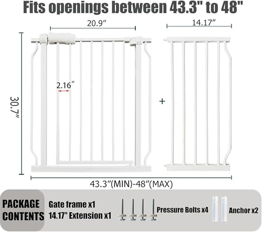 Extra Wide Baby Gate - 43.3-48 Inch Tension Mounted Safety Child & Pet Gate - White Metal - Walk Through - Long - for House Doorways & Stairs
