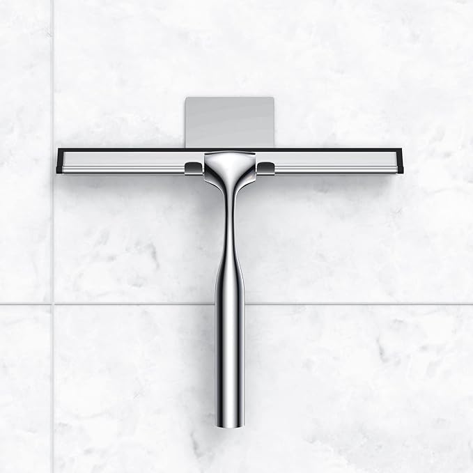 Shower Squeegee for Glass Door Stainless Steel Bathroom Squeegee Window Wiper, Includes Shower Door Hook, Adhesive Hook, and Spare Silicone Blade for Window Mirror Car 12-Inch