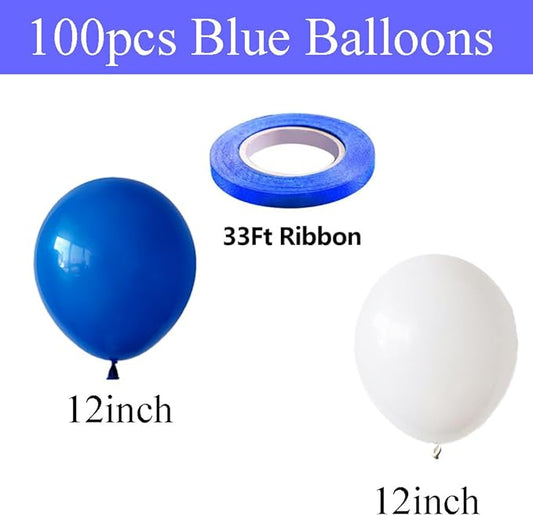 100pcs Royal Blue and White Latex Balloons 12 Inch w/Ribbon for Birthday Graduation Wedding Bridal Baby Shower Celebration Party Decorations Supplies
