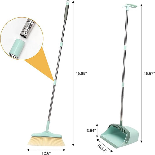 Broom and Dustpan Set,Long Handle Broom and Dustpan Set,Broom with Stand Up Dustpan Combo Set,for Home, Office, Lobby(Coffce)