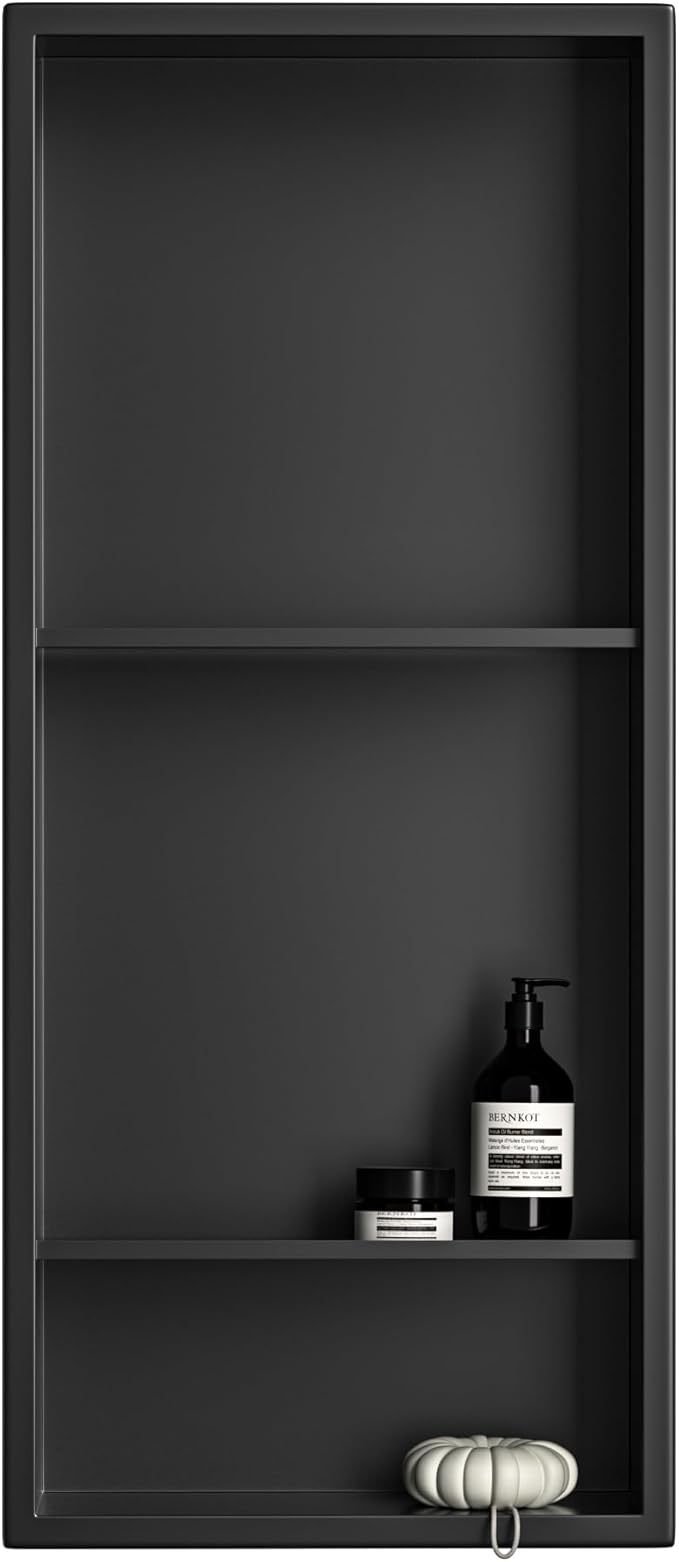 Stainless Steel Shower Niche 30" X 12" Matte Black No Tile Needed Wall Vertical Niche Three-Tier Shelves Recessed Shower Shelf for Bathroom Storage Over Mount Installation