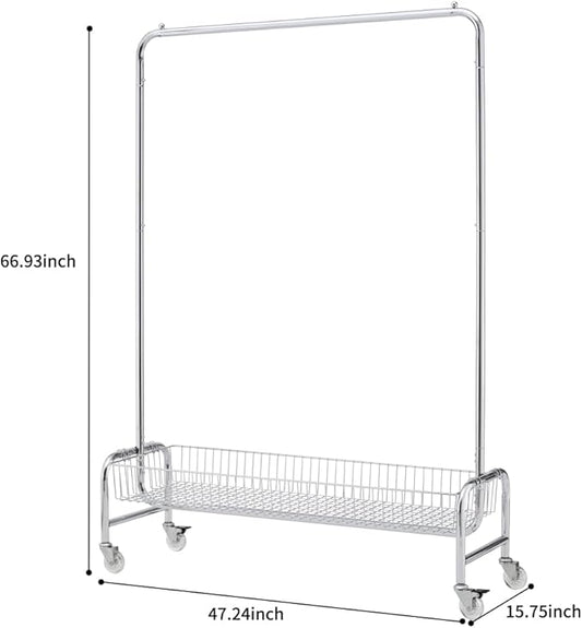 Garment Rack with Basket & Wheels, Rolling Clothes Rack for Hanging, Organizing, and Transporting Clothes at Home or Laundry Room