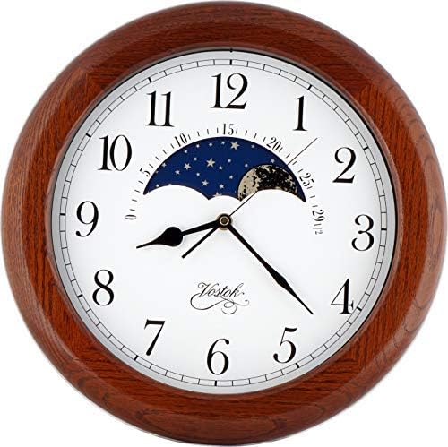 JUSTIME 14 Inch Exclusive Solid Oak Wood Non-Ticking Sweep Mechanical Specialty Moon Phase Moving Dial Wall Clock, Gift, Home Décor