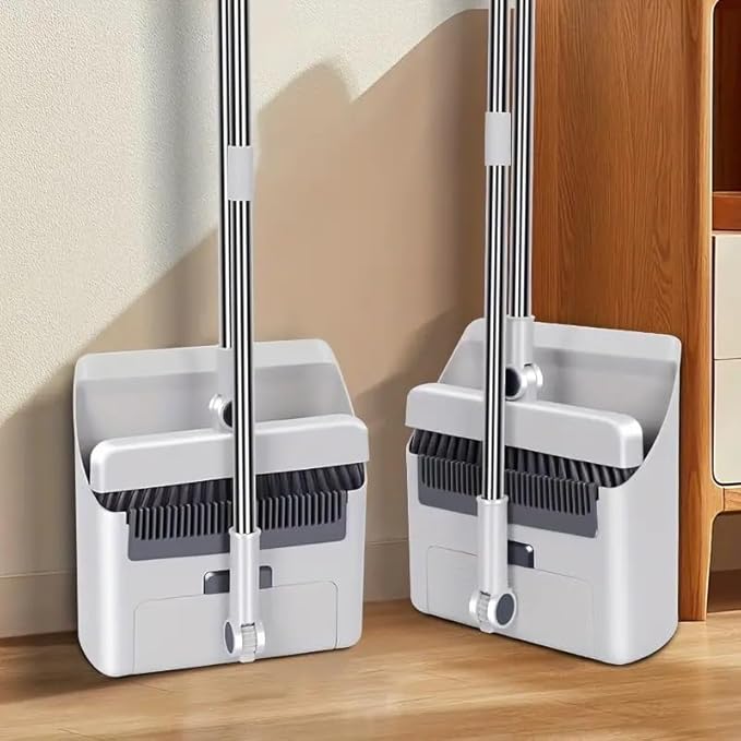Broom with Dustpan Combo Set, 3 in 1 for Sweeping Indoor and Push Broom Outdoor with Dust Pan, 14.2 to 48.8 inch Adjustable Long Handle Broom and Dustpan Set (White)