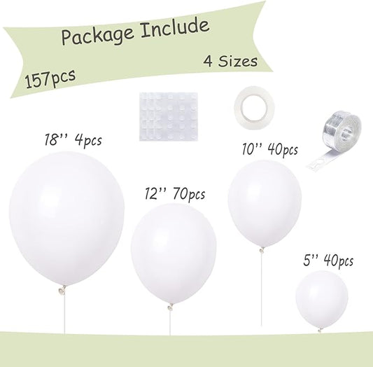 154pcs White Balloons Different Sizes 5/10/12/18 Inch Balloon Garland Kit,White Balloons for Balloon arch Birthday Weddings Anniversary Graduation Party Decorations