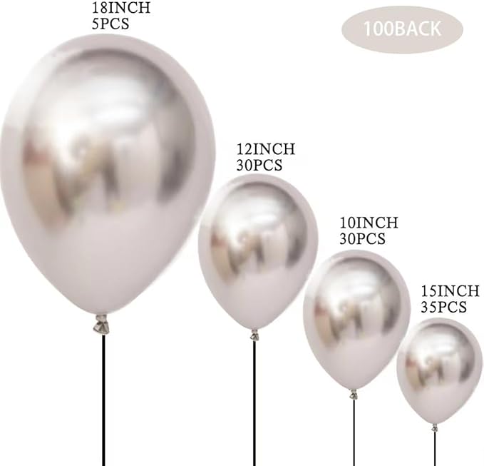 100 Pcs Metallic Silver Balloons Different Sizes 18 inch +12 inch +10 inch +5 inch Chrome Silver Latex Balloons for Birthday Party Wedding Baby Shower Decoration