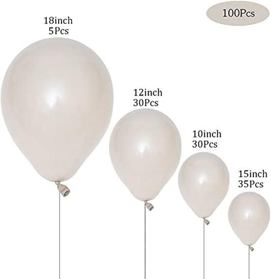 100pcs Sand White Balloons - 18 inch, 12 inch, 10 inch & 5 inch Party Nude White Balloons for Birthday, Baby Shower, Wedding & More