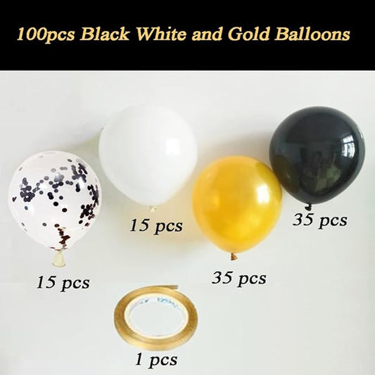 100pcs Black Gold White Balloons and Black Confetti Balloons 12 Inch with Ribbon for Graduation Birthday Baby Shower Wedding Anniversary Decorations