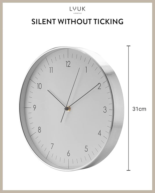 LUUK LIFESTYLE Modern Wall Clock Without Ticking, Pure Minimalist Design, legible Digits, Home Decor for Living Room, Office, in White and Silver