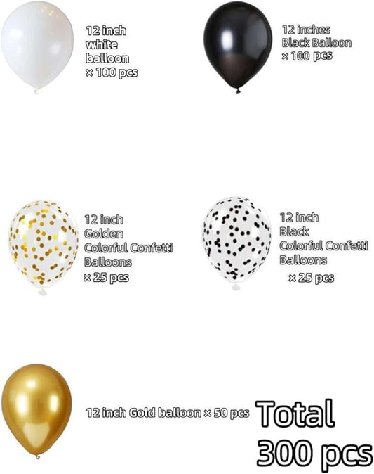 300 Pcs Black Gold Confetti Balloons Set Lncludes 12 inch Black White Gold and Confetti Balloons for Birthday Party Supplies Wedding Graduation Decorations