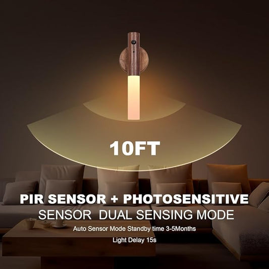 LANDGOO 2 Pack Walnut Night Lights with Motion Sensor & RGB Touch Control | USB-C Rechargeable Wood Wall Sconces Set for Bedroom Pair, Hallway, Staircase, Bathroom Vanity (Luxury Bundle)