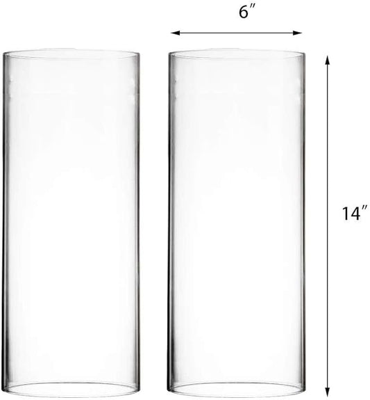 CYS EXCEL 2 PCS (H:14" D:6") Open Ended Glass Hurricane Candleholder Tube Shade | Multiple Size Choices Open Flame Candle Chimney Tube Cover | Bottomless Cylinder