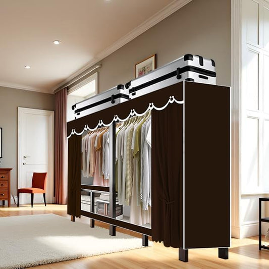 Foldable Portable Wardrobe Closet with Cover, Heavy Duty Clothing Rack for Hanging Clothes has 59in Vertical Storage Space, Coffee Metal Garment Rack (Coffee, 70.9in)