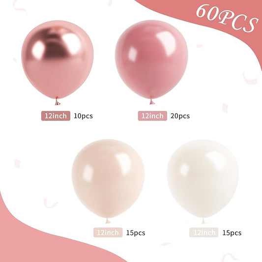Blush Pink Balloons, 60 Pcs 12 Inches Dusty Pink Double Stuffed Nude Beige Balloon, Retro and Rose Gold Boho Balloons Set for Girls Bridal Birthday Baby Shower Weddings Party Decoration