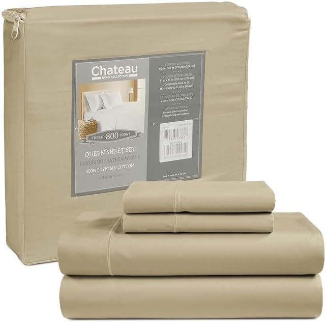100% Egyptian Cotton Bed Sheets, Certified 800 Thread Count Deep Pocket Full Sheets, Elasticated Sheet & Pillowcase Sets, Soft & Comfy Naturally Cool Luxury Bedding, Fits up to 17" - Linen