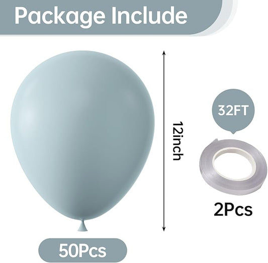 KALOR 12 Inch Retro Mist Blue Balloons, 50 Pcs Latex Helium Balloons for Kid's Birthday Party, Baby Shower, Wedding, Graduate Party Decorations