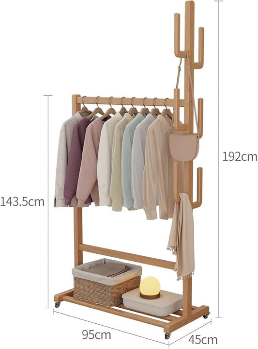 Solid Wood Clothing Rack with Wheels and Hooks, Heavy Duty Garment Rack with Shelf, Easy Assembly, Rolling Rack for Clothes, Coats, Skirts, Shoes, Bags,