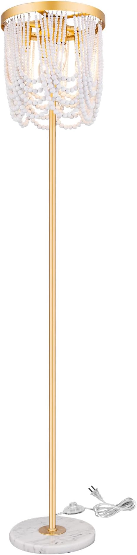 Wellmet Gold Floor Lamp for Living Room, Boho Floor Lamp with White Wood Beads for Bedroom, Unique Round Decorative Floor Lamps Lighting Fixture 60'' Sofa Bedside Standing Corner Lamp