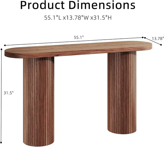 55 Inch Console Table, Fluted Entryway Table, Mid-Century Modern Sofa Table Behind The Couch, Hallway Tables, Curved Sofa Stand for Hallway, Living Room, Foyer Walnut