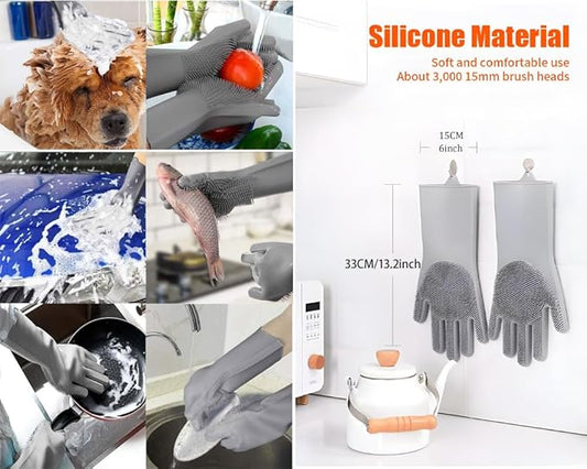 2 pairs Silicone Dishwashing & Pet Grooming Gloves - 2-in-1 Heat Resistant Gloves with High-Density Teeth, Enhanced Five Finger Design for Bathing, Cleaning Dishes, Cars, Dogs & Cats (Gray)