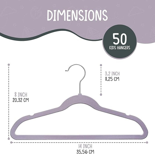 50 Premium Kids Velvet Hangers - 14'' Non-Slip, Ultra-Slim & Space-Saving Hangers - 360° Swivel Hook, Strong & Durable for Children & Preteens - Purple
