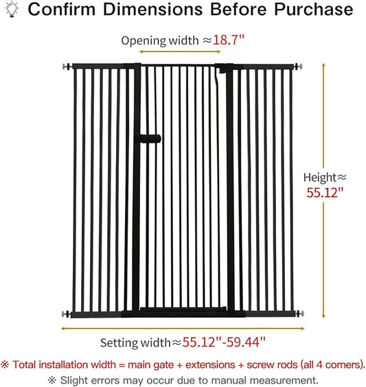 Lumizone Extra Tall Cat Gate 55.12" High Pressure Mounted Extra Wide 2025 New (17 Sizes) 1.37" Gap No Drilling Auto-Close One-Handed Operation Tall Pet Gate for Dogs(Black, 55.12" H x 55.12"-59.44" W)